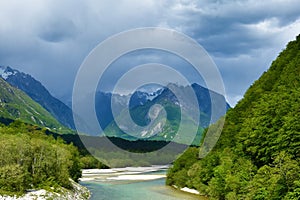 View of SoÄar river and mountains above Koritnica valley