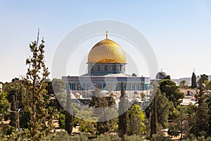 View  from the Arab School in Via Dolorosa to the Temple Mount and the Dome of the Rock in the old city of Jerusalem in Israel