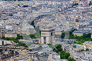 View of Arc de Triomphe and Paris city from Eiffel Tower, France