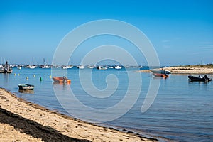 View on Arcachon Bay with many fisherman\'s boats and oysters farms du Cap Ferret, Cap Ferret peninsula, France,