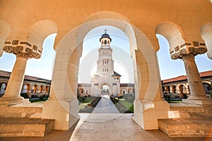 View from the arcades of the Bell tower of The Coronation Cathedral in Alba Iulia