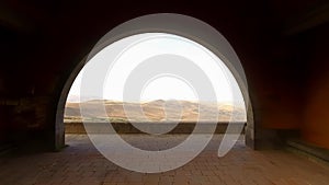 View through Arch of Charents, beautiful landscape with mountains, tourism