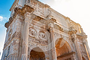 View of the Arch of Constantine in Rome at dawn.