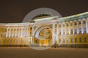 View of the arch of the General Staff building in January night. Saint Petersburg