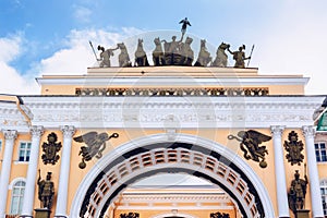 View of Arch of General Staff  in Palace Square at frosty snow winter day, St. Petersburg, Russia