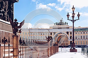 View of Arch of General Staff  in Palace Square at frosty snow winter day, St. Petersburg, Russia