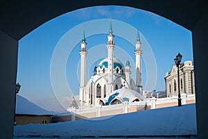 View through the arch Kremlin the main landmark of Kazan, Tatarstan Republic.