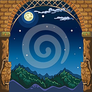 View through the arch of the stone castle at night landscape by the light of the full moon. Sketch for card or poster on