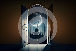 View from the arch to the mosque and the full moon, Ramadan, Generative AI 1