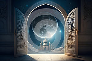 View from the arch to the mosque and the full moon, Ramadan, Generative AI 2