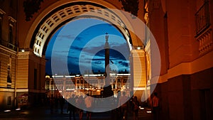 View through the arched doorway to the Palace Square in St. Petersburg with the silhouette of the Alexandrian column