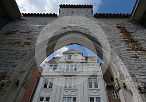 View through an arched gateway to an historic old town house in the centre of the hanseatic city Luebeck, Germany, selected focus