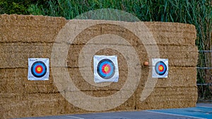 View on an archery targets on the background of the bale of hay
