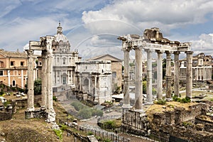 View of the architectural monuments of ancient Rome in the Roman Forum