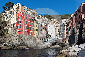 View on architecture of Riomaggiore town. Riomaggiore is one of the most popular town in Cinque Terre National park, Italy