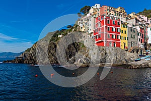 View of the architecture of Riomaggiore town. Riomaggiore is one of the most towns in Cinque Terre National park, Italy