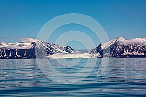 A view of the Arctic island from the sea, beyond the ocean.