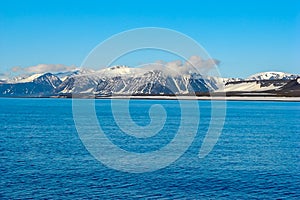 A view of the Arctic island from the sea,beyond the ocean.