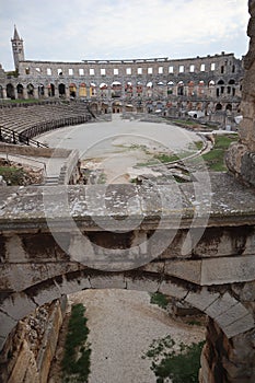 View of the arena of the ancient Roman amphitheater, a monument of architecture and art, Pula, Croatia, Istria