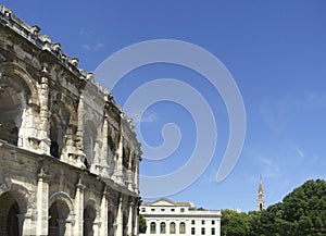 View at Arena of Nimes, Roman amphitheater in France