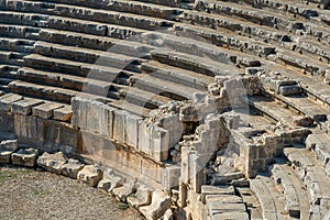 View of the arena and stands of the antique amphitheater in the ruins of Myra Demre, Turkey