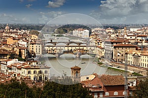 View of the Arno river and bridges across it in Florence