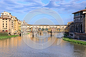 View of the Arno river in Florence, Italy: in the background Ponte Vecchio.