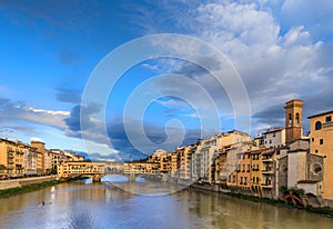 View of the Arno river in Florence, Italy: in the background Ponte Vecchio.