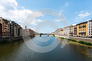 View of the Arno River from the Ponte Vecchio in Florence, Italy