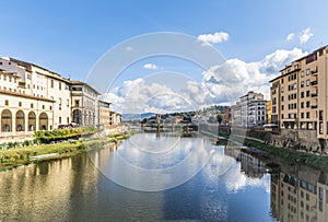 Arno river and St Trinity bridge designed by Bartolomeo Ammanati and reconstructured after World War II in Florence, Italy