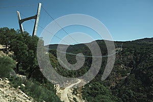 View of the Arouca suspension bridge above the Paiva River, Portugal.