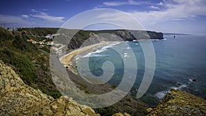 View on Arrifana beach on the Atlantic ocean coast of the Algarve in Portugal