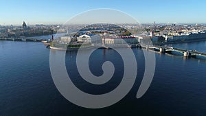 View of the arrow of Vasilievsky island, Sunny morning. Saint Petersburg