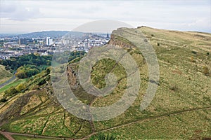 View from Arthur`s seat over meadowbank to Edinburgh castle