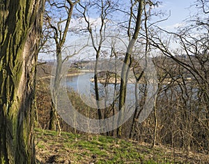 View on artificial lake dam in Prague park hostivarska prehrada