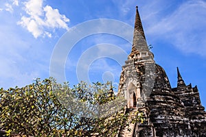 View of asian religious architecture ancient Pagodas in Wat Phra Sri Sanphet Historical Park, Ayuthaya province, Thailand