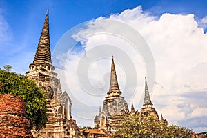 View of asian religious architecture ancient Pagodas in Wat Phra Sri Sanphet Historical Park, Ayuthaya province, Thailand