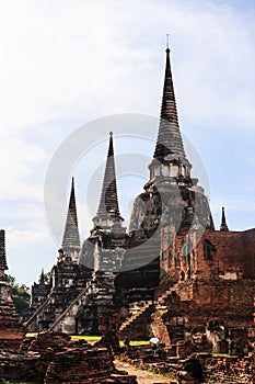 View of asian Thai religious architecture ancient Pagodas in Wat Phra Sri Sanphet Historical Park, Ayuthaya, Thailand