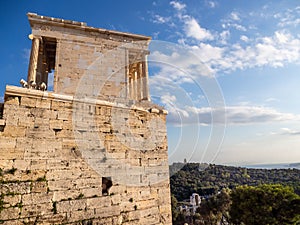 View from aside of Temple of Athena Nike in Acropolis area of Athens, Greece overlooking the city