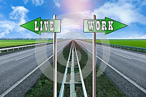 View of asphalt highway and arrows. Concept of balance between life and work