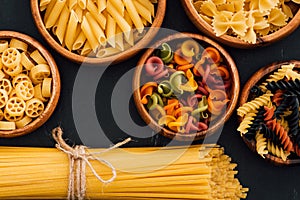 View of assorted colorful Italian pasta