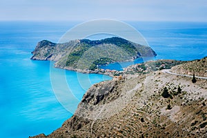 View of Assos village and beautiful blue sea bay, Kefalonia island, Greece