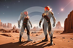 View of astronauts in spacesuits standing on the surface of the red planet. Mars colonization concept