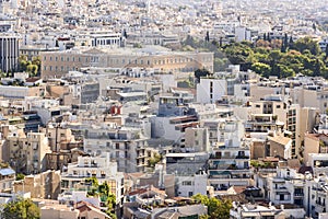 View of Athens from  Acropolis. The Old Royal Palace - first royal palace of modern Greece.