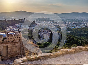 View of Athens and Areopagus hill from Acropolis in Athens, Greece