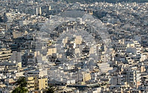 View of Athens city from Mount Lycabettus showing white buildings architecture, Greece