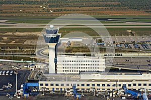 View of the Athens International Airport Eleftherios Venizelos from an ascending airplane