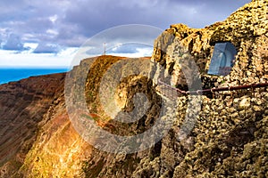 View at Atlantic ocean and La Graciosa island at sunset from El Mirador del Rio in Lanzarote, Canary Islands, Spain