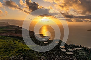 View at Atlantic ocean and La Graciosa island at sunset from El Mirador del Rio in Lanzarote, Canary Islands, Spain