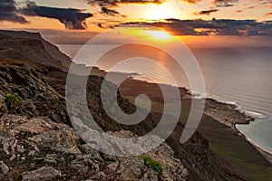 View at Atlantic ocean and La Graciosa island at sunset from El Mirador del Rio in Lanzarote, Canary Islands, Spain